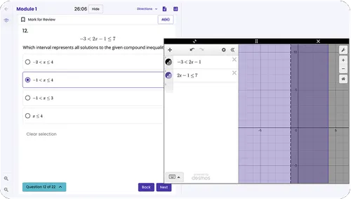 Happi app showing a SAT practice test question with the Desmos calculator