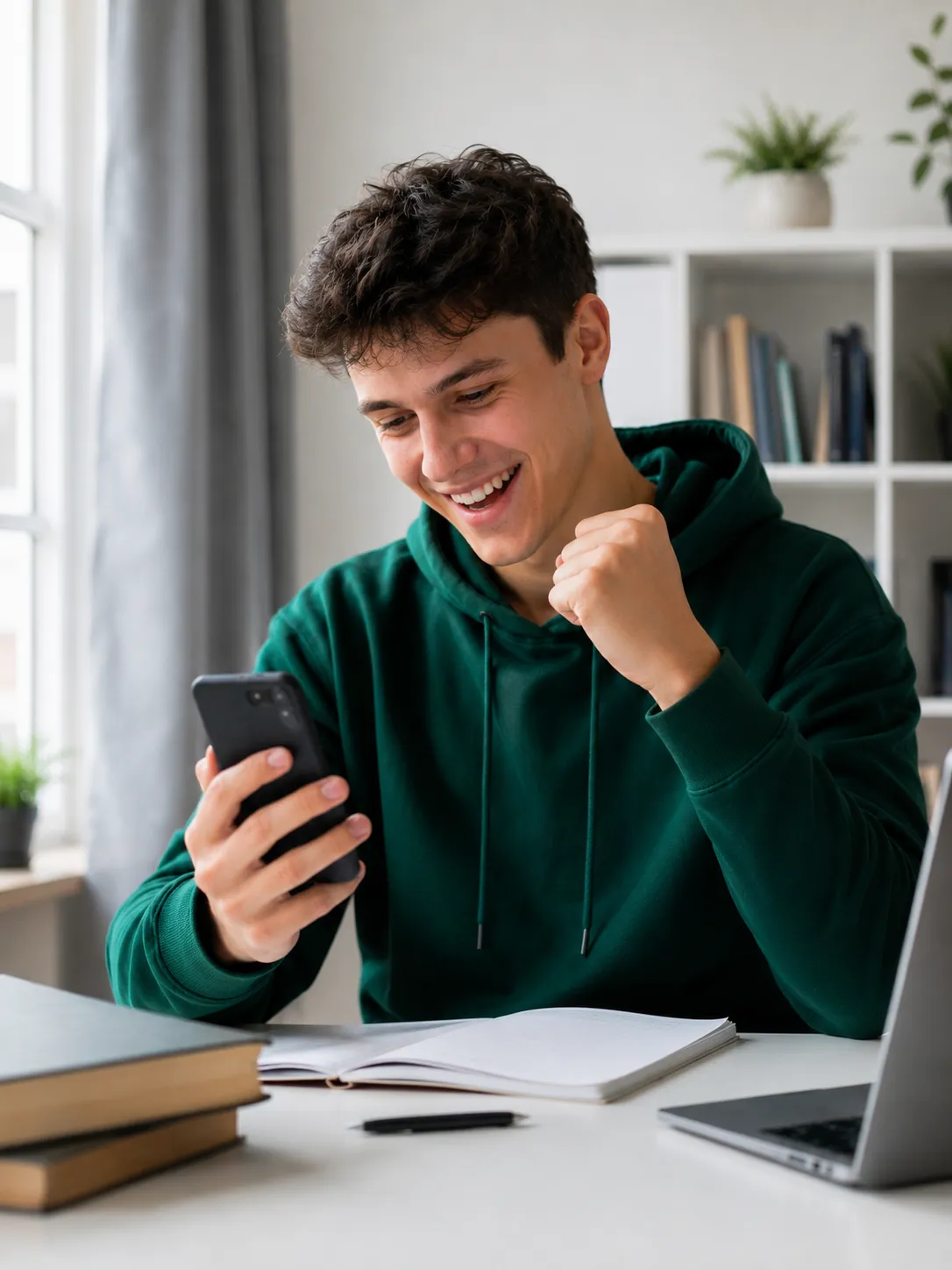 A happy student celebrating good news on their phone